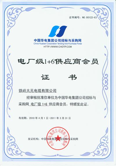 電廠級1+6供應(yīng)商會員證書